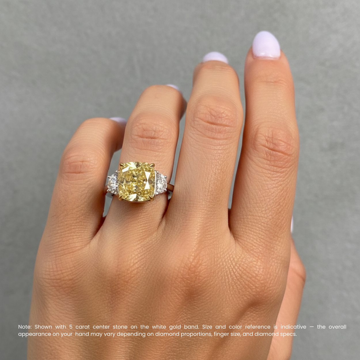 Trilogy Fancy Yellow Cushion (Half-Moon Sides-Stones) Lab Diamond Ring in White Gold 18K