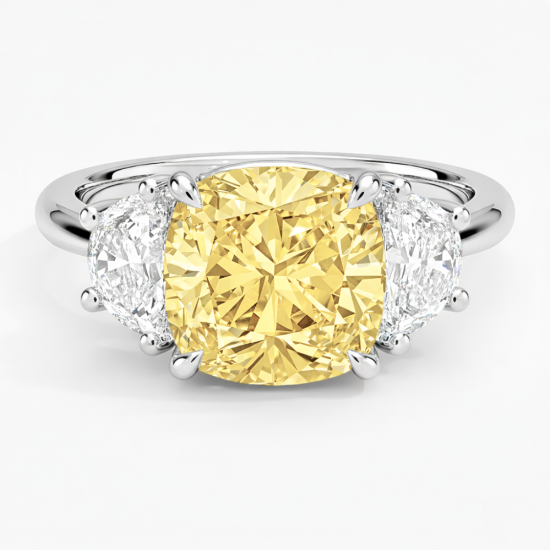 Trilogy Fancy Yellow Cushion (Half-Moon Sides-Stones) Lab Diamond Ring in White Gold 18K