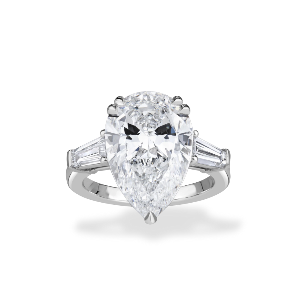 Trilogy Tapered Baguette Sides Lab Grown Diamond Engagement Ring in 18k Gold - Pear